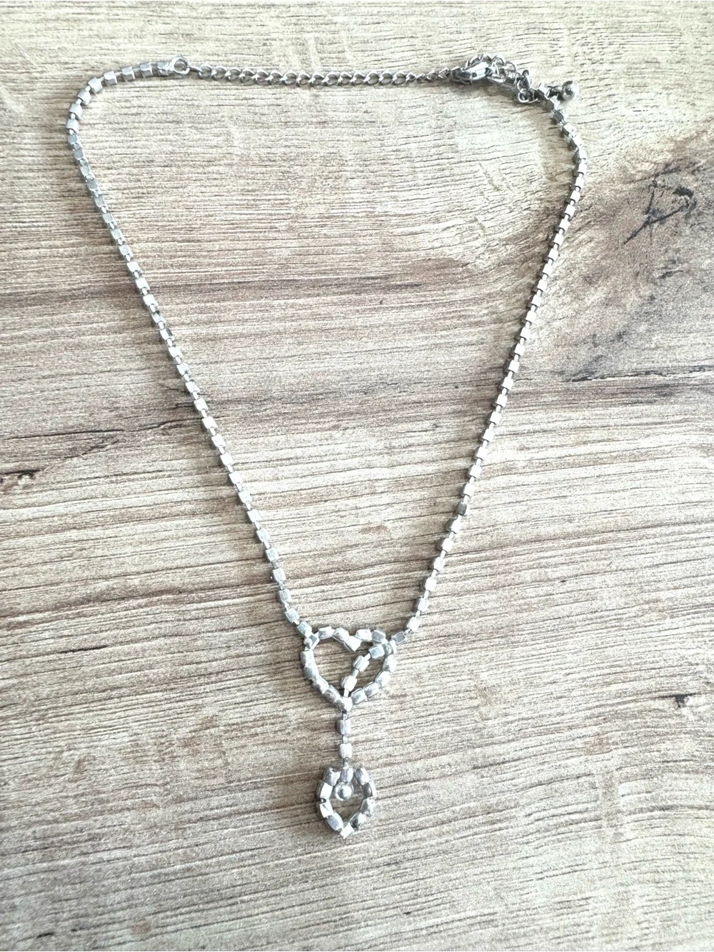 Silver Crystal Heart Drop Necklace - Sparkling Silver Tone